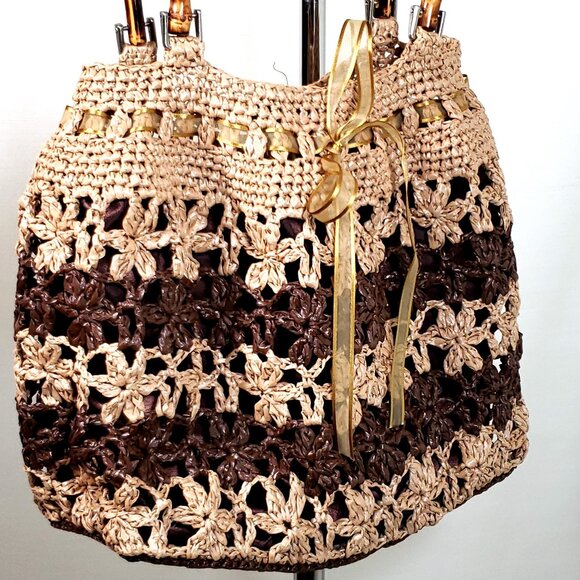 Vintage Woven Straw Rattan purse, Cottagecore Boho bow bamboo handle W/ wallet - Picture 7 of 9